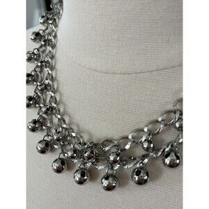 Silver Disco Ball Necklace Double Strand Bib Style Retro Boho Costume Shiny